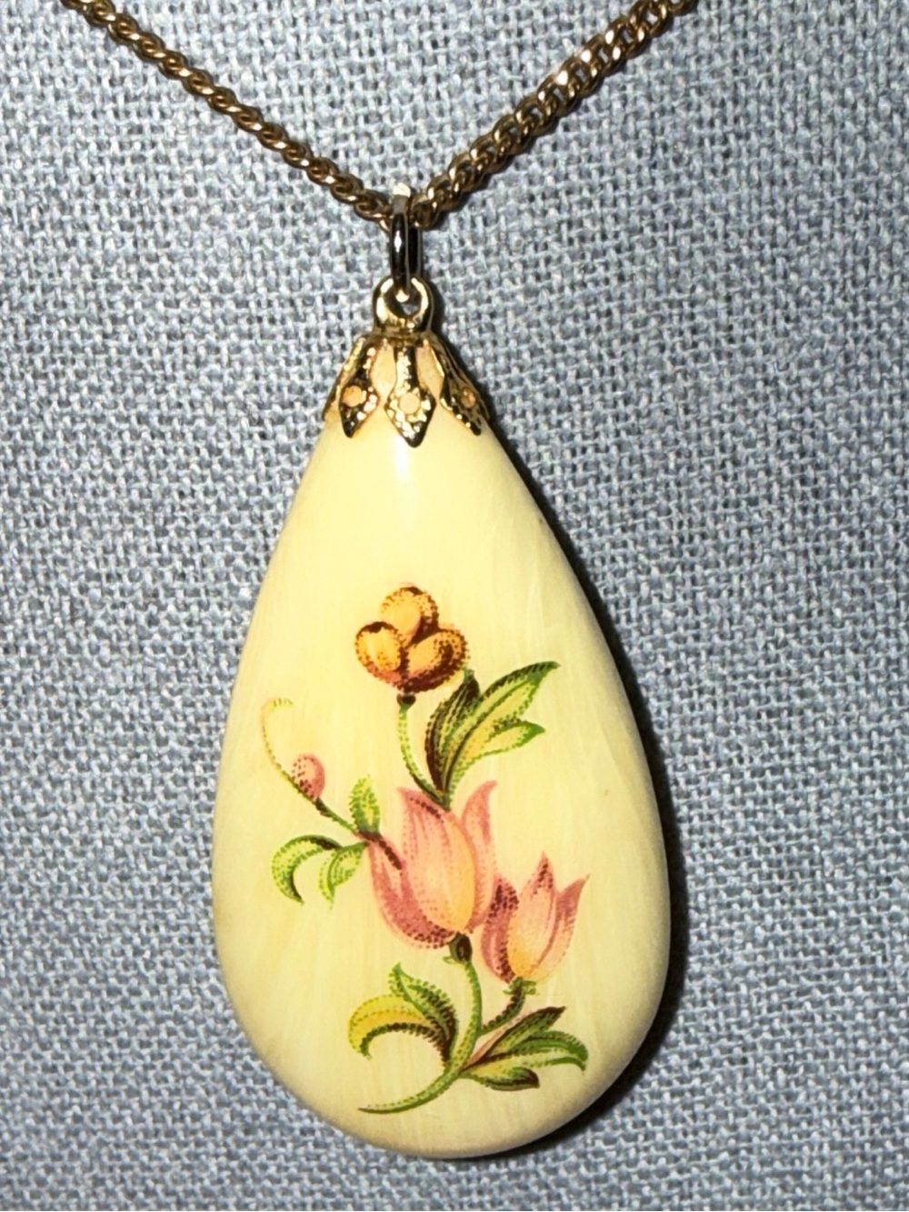 Cream Teardrop Pendant Necklace - Floral Design 1/20 Gold filled necklace